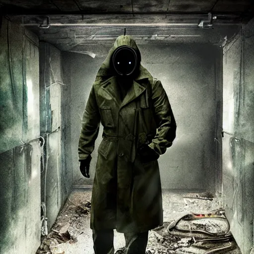 Image similar to photorealistic detailed image of a man in a rugged, worn trench coat wearing a gas mask, in a ruined and dark underground lab, readying himself for combat with a green/brown/gray undertone, inspired by the Stalker video game series
