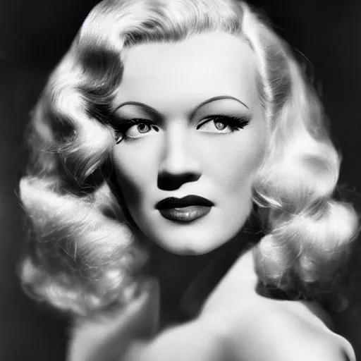Prompt: a beautiful close - up of a blonde actress from the 1 9 3 0 s. high cheekbones. good bone structure. dressed in 1 9 4 0 s style. butterfly lightning. key light sculpting the cheekbones. by george hurrell. ( looks like marlene dietrich )
