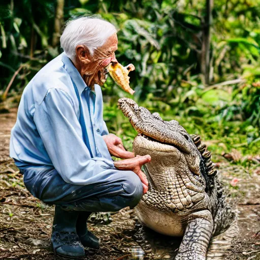 Image similar to elderly man feeding a crocodile, smiling, happy, crocodile, snappy, hungry, jungle, canon eos r 3, f / 1. 4, iso 2 0 0, 1 / 1 6 0 s, 8 k, raw, unedited, symmetrical balance, wide angle