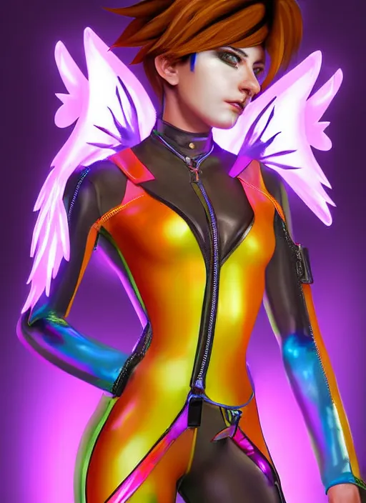 Image similar to portrait bust digital artwork of tracer overwatch, wearing iridescent rainbow latex and leather straps catsuit outfit, neon makeup, in style of mark arian, angel wings, wearing detailed leather collar, chains, black leather harness, detailed face and eyes,