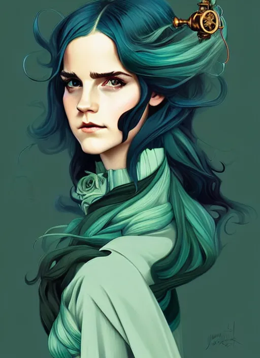 Image similar to style artgerm, joshua middleton, emma watson with green dress, very long blue hair, symmetrical face, symmetrical eyes, steampunk western gunslinger with monocle, cinematic lighting