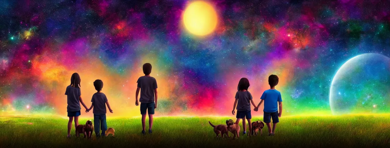 Image similar to rear view of a young couple and a kid holding hands, with a dog sitting next to them in a small green planet looking to the night sky displaying an entire colorful universe, digital art, epic, colorful, highly detailed