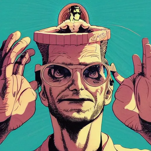 Image similar to psychic guy emitting psychic powers, by jamie hewlett, by artgerm, by moebius, by geof darrow,