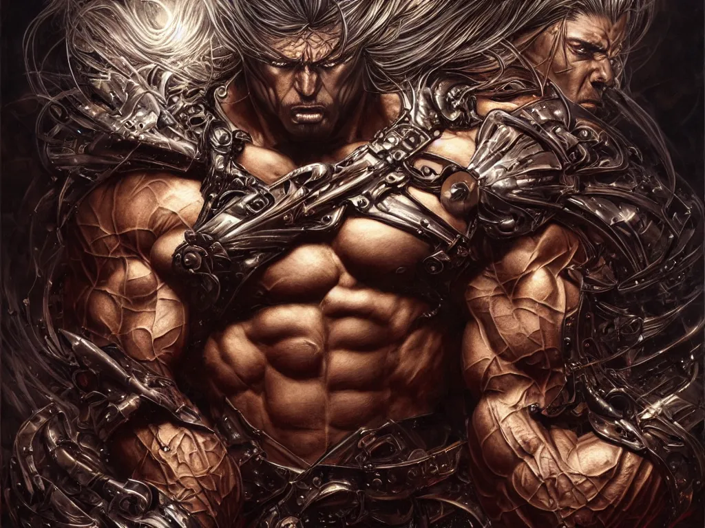 Prompt: photo of a muscular man, furious on steam, combination in the style Ayami Kojima, Amano, Karol Bak, Greg Hildebrandt, and Mark Brooks, neogothic art, detailed, trending on Artstatio atmospheric, high energy, electric, bristling, highly detailed, 8K, 4K, UE5