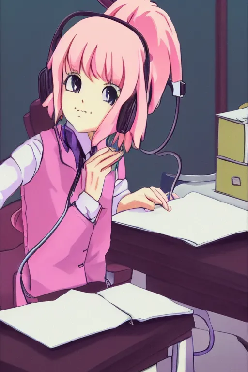 Prompt: high definition anime portrait of a pink haired anime schoolgirl sitting at a desk studying with headphones on, lo-fi art, by Studio Ghibli, trending on artstation, sharp high quality anime, digital art, photoshop, proportionate