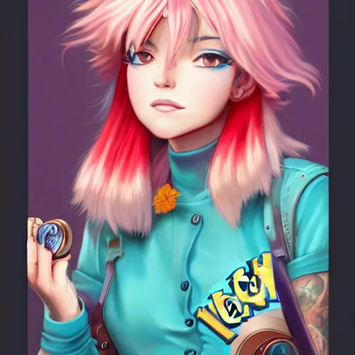 Image similar to Lofi Pokemon original character with wild rose-colored hair, Pixar style, by Tristan Eaton Stanley Artgerm and Tom Bagshaw.