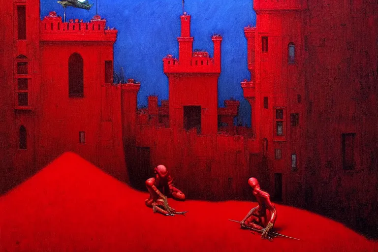 Image similar to only with red, red flowers of different types, red castle in background, red medieval goblins, in the style of beksinski, parts by edward hopper, parts by rodcenko, parts by yue minjun, intricate and epic composition, red by caravaggio, insanely quality, highly detailed, masterpiece, red light, artstation, 4 k