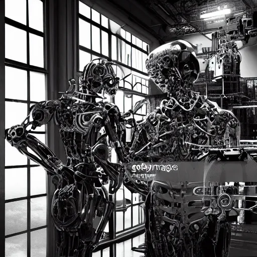 Prompt: scientists discovering a humanoid mechanical robot inside a warehouse, 1 9 2 0's sci - fi, black and white, 8 k, highly ornate intricate details, extreme detail,