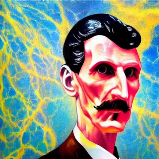 Image similar to an abstract painting of Nikola Tesla, lightning in the background, crazy