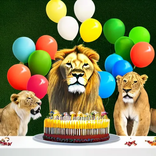 Prompt: award winning nature photography, a scenic picture of a birthday cake surrounded by lions. balloons are in the background. lion birthday party setting. extremely detailed lions. hyperrealistic, 8 k