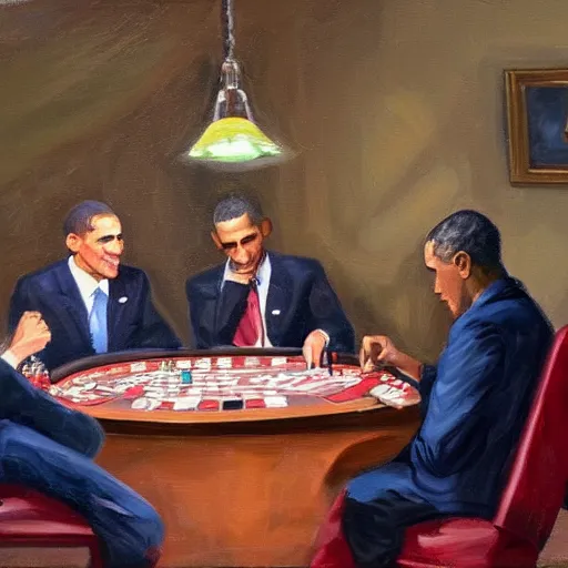 Image similar to Several copies of Barack Obama playing poker around a table, oil painting, warm lighting