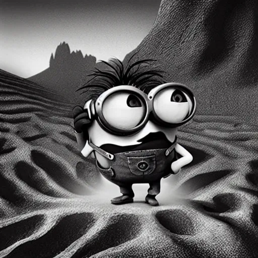 Image similar to Minion, George Miller, Photorealistic, Hyper detailed, desert, post apocalyptic, fire, dust, black and white