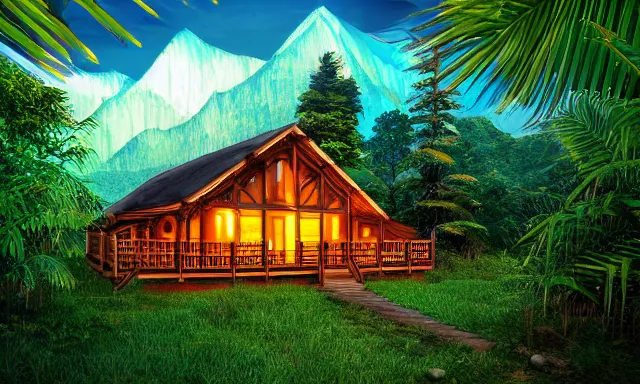 Image similar to golden log cabin in a vaporwave jungle, 4k, ultra realistic, award winning Photograph