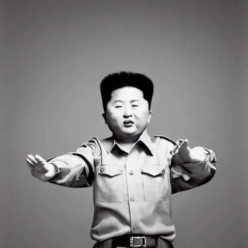 Image similar to studio shooting of Kim Jong-il escaping a Kaiju starfish monster, in the style of Herb Ritts and Irving Penn