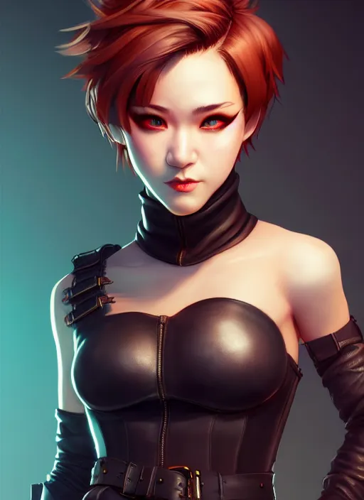 Image similar to rogue, leather bandit outfit!!! beautiful and athletic short hair female!! gorgeous face and eyes!! character concept art, sharp focus, octane render! unreal engine 5! highly rendered!! trending on artstation!! detailed linework!! illustration by artgerm, wlop, and chie yoshii