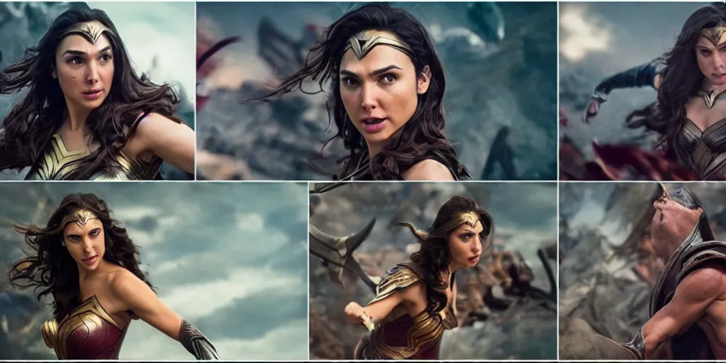 Image similar to action shoots of gal gadot portraying Kaisa in League of legends movie, multiple angles, cinematic, imax, 4K