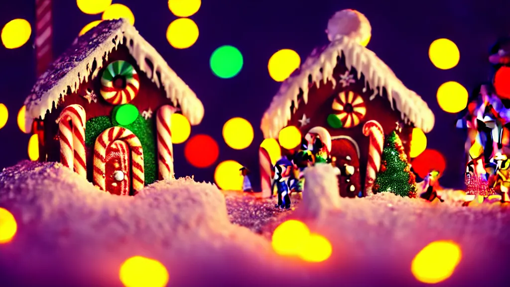 Prompt: closeup of colorful miniature gingerbread house village at night, gingerbread people, candy canes, forest, christmas, snow, bokeh, depth of field 1 0 0 mm, cinematic scene, studio quality, visually stunning, unreal engine, octane render
