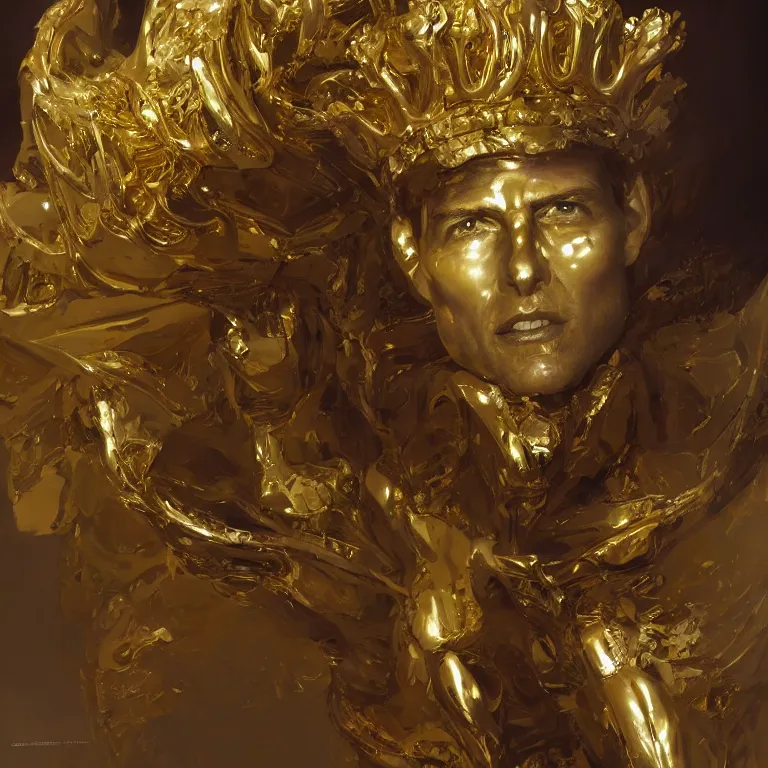 Image similar to tom cruise portrait of yellow angel king wearing shiny crown, subtle light accents, gold rococo, tom cruise face, sculpted by alex alice, craig mullins, yoji shinkawa, trending on artstation, beautifully lit, peter mohrbacher, hyper detailed, insane details, intricate, elite, elegant, luxury, cgsociety, hypermaximalist,