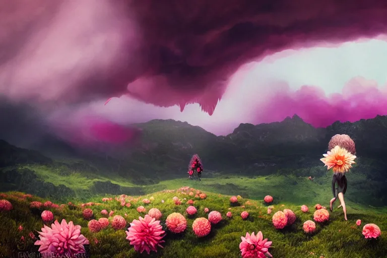 Image similar to giant dahlia flower crown head woman walking on mountain, surreal photography, pink storm clouds, dramatic light, impressionist painting, digital painting, artstation, simon stalenhag