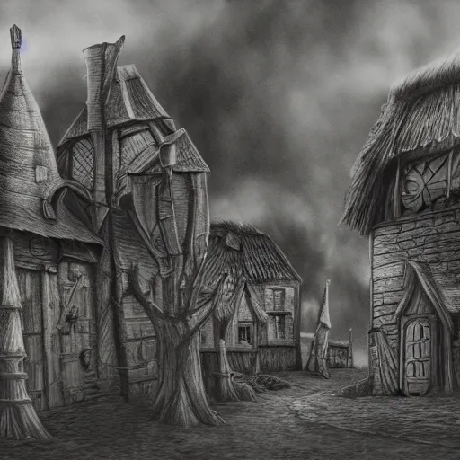 Prompt: wizard village photorealistic drawing