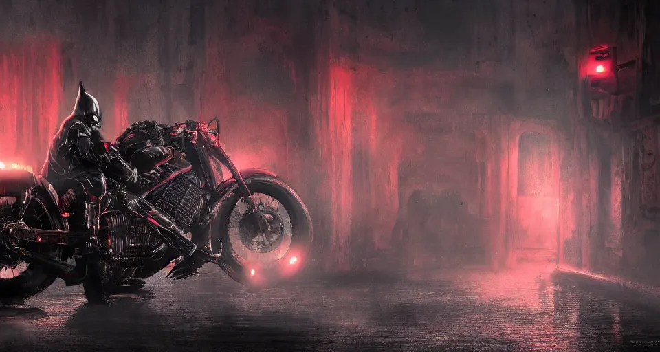 Prompt: The Batman Who Laughs and His Psycho Batcycle In A Dimly Lit Misty Sewer, red fluid, bats, sunset, volumetric lighting, hyperrealistic, beautiful details, HDR, octane render, action shot, wide angle, bokeh, Yasushi Niarasawa Moebius Giger Style