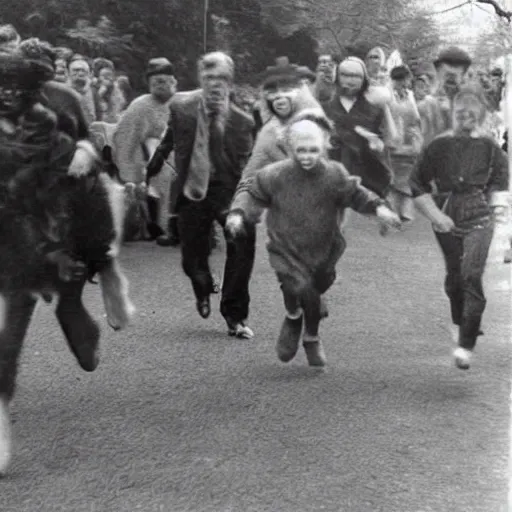 Prompt: old photo of a giant cat chasing people