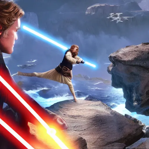 Prompt: anakin skywalker and obi wan kenobi engaging in an epic duel on a cliffside, epic, fantasy artwork, intense, cinematic, raytracing, dynamic lighting, 4 k