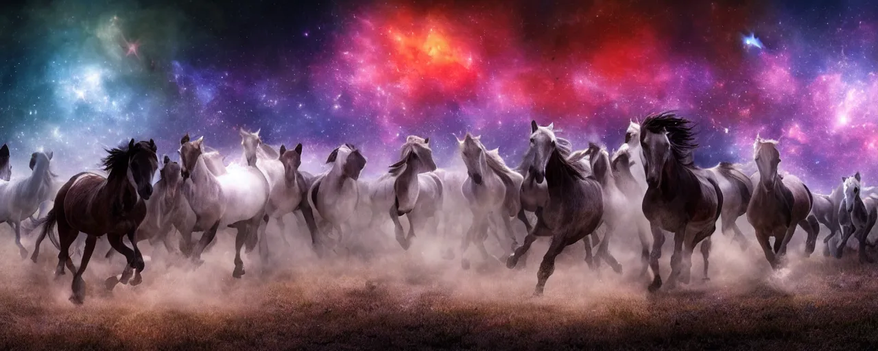 Image similar to hundreds of stampeding wild horses running through a galaxy, volumetric lighting,