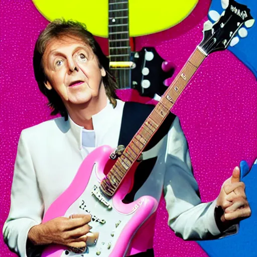 Prompt: Paul McCartney playing a Pink Squier Hello Kitty Stratocaster, 8k, high definition, highly detailed, photo-realistic