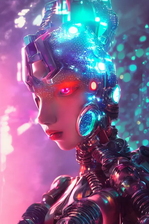 Image similar to a highly detailed portrait of a kpop idol mecha lady in spiked cyberpunk bioarmor trending on artstation by yoshitake amano, holographic undertones, octane rendered, highly saturated colors, futuristic, 2 k aesthetic, dramatic lighting, 4 k