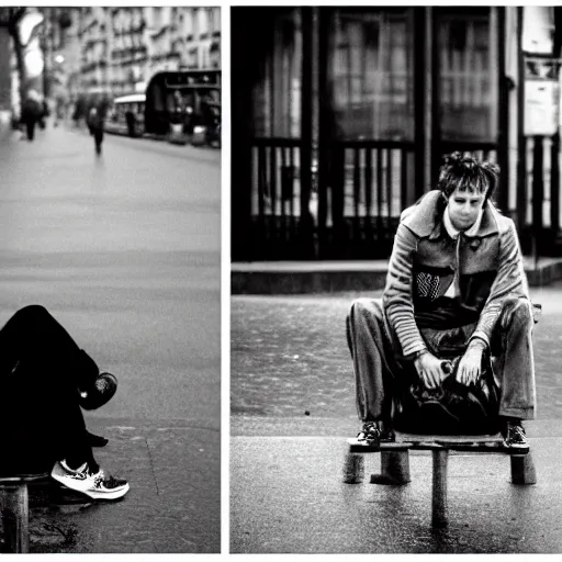 Image similar to black and white fashion photograph, highly detailed portrait of a depressed white drug dealer sitting on a bench on a busy Paris street, looking into camera, eye contact, natural light, rain, mist, lomo, fashion photography, film grain, soft vignette, sigma 85mm f/1.4 1/10 sec shutter, Daren Aronofsky film still promotional image, IMAX 70mm footage