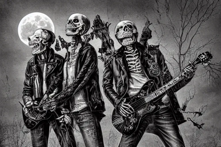 Prompt: skeletons in leather jackets with electric guitars in the hands in a cemetery, evil faces, microphones, dark night, full moon, crows on the oak tree, highly detailed digital art, photorealistic