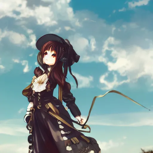 Prompt: anime girl with a steam punk outfit posing, finely detailed, full body portrait, pretty, beautiful, cinematic lighting, grass, sky, clouds, sunny, lush,