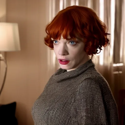 Image similar to amazing beautiful Christina Hendricks with mouth wide open in the living room, film still from the movie directed by Denis Villeneuve , wide lens