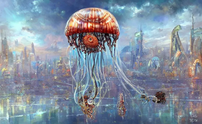 Prompt: Cyborg biomechanical jellyfish city. By Konstantin Razumov, highly detailded