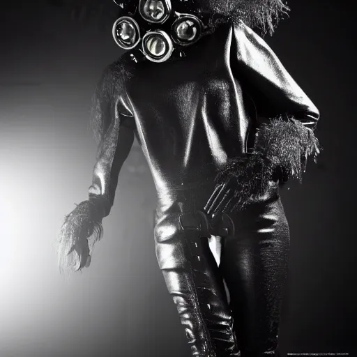 Prompt: fashion photography of an extraterrestrial model, wearing a black gas mask, wearing demobaza fashion, inside berghain, berlin fashion, harness, futuristic fashion, dark minimal outfit, photo 3 5 mm leica, hyperdetail, berghain, 8 k, very detailed, photo by nick knight