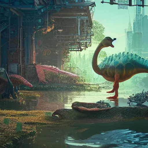 Prompt: a duck with a hungry dinosaur looming behind it intricate artwork by Tooth Wu and wlop and beeple and Dan Mumford. Octane render, trending on artstation, greg rutkowski very coherent symmetrical artwork. Cinematic, hyper realism, high detail 8k