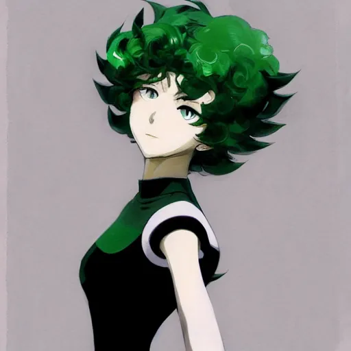 Prompt: painting of tatsumaki from one punch man, green hair, black dress, cool color palette, refreshing, soft lighting, detailed anime face, by cushart krenz, by makoto shinkai