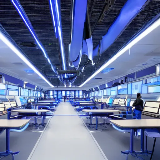 Image similar to off - world science station interior blue light, abundant cables hanging from walls and on floors, high detail