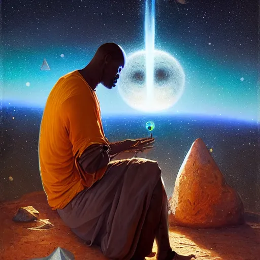 Image similar to an african psychic reading his crystal ball under a meteor shower, greg rutkowski and android jones and amanda sage, oil on canvas, 8k