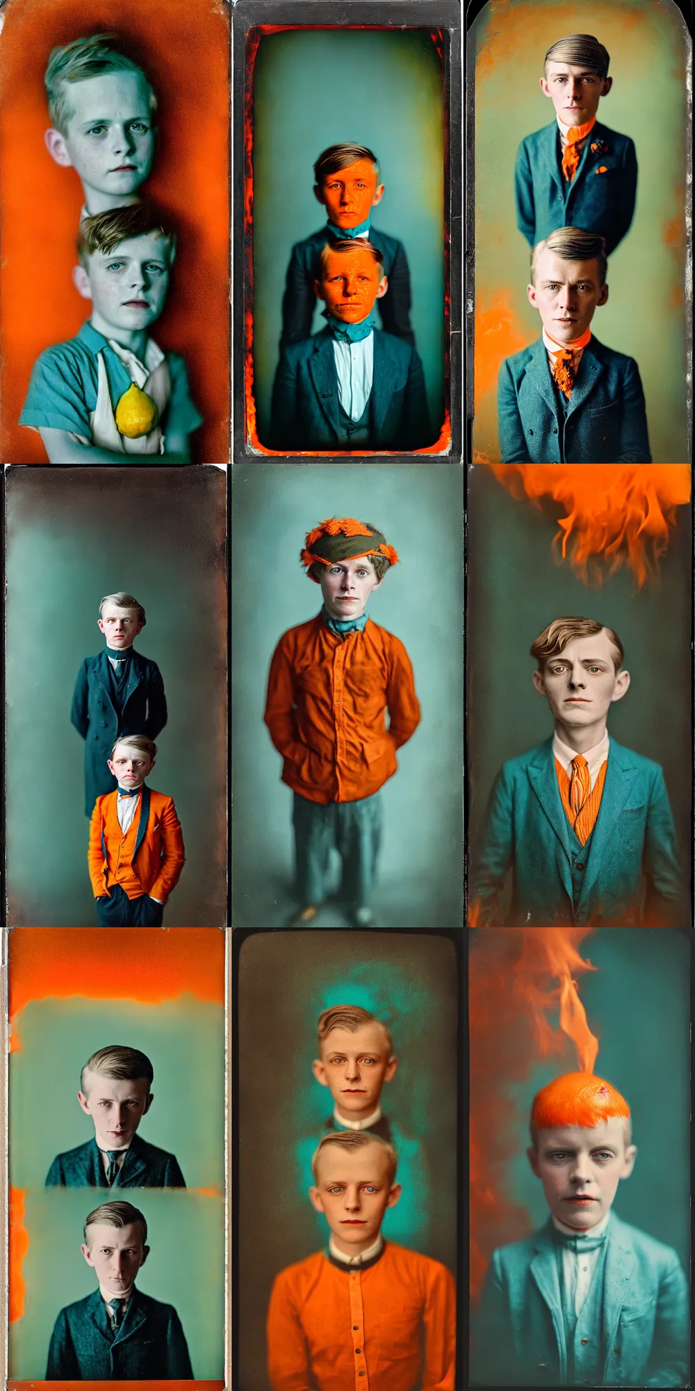 Prompt: kodak portra 4 0 0, wetplate, 8 k, shot of a highly detailed, britt marling style, colour still - life portrait of a lemon looks like a handsome 8 year old boy in hell fire storm, 1 9 2 0 s cloth, 1 9 2 0 s hair, teal and orange, muted coloures