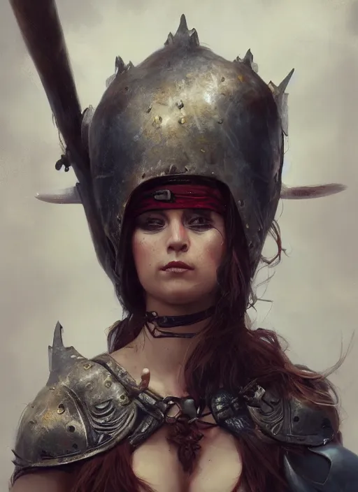 Prompt: hyper realistic photography portrait of pagan medieval festival warrior curvy partygirl face cinematic, vallejo, julie bell, craig mullins greg rutkowski, artstation, cgsociety
