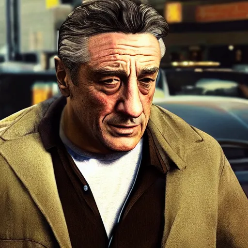 Image similar to robert deniro as a gta5 character, video game art, cover art, grand theft auto