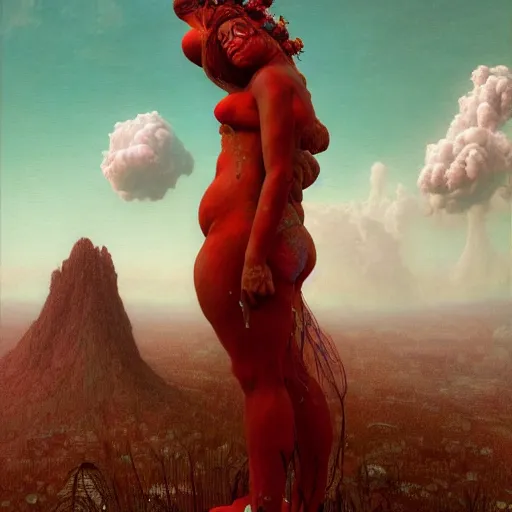 Image similar to A giant woman, wearing clothes made out of thunder clouds and flowers red skin, mountains, Masterpiece, glowing, wires everywhere, by Edgar Maxence and Ross Tran, Zdzisław Beksiński, and Michael Whelan, distant, gustav dore, H.R. Giger, 8k, octane render