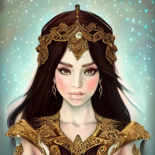 Prompt: A beautiful detailed portrait of a tempting young beautiful female fantasy sorceress with fair skin and long dark brown hair dressed in ornate magical clothing by Kirbi Fagan, trending on artstation