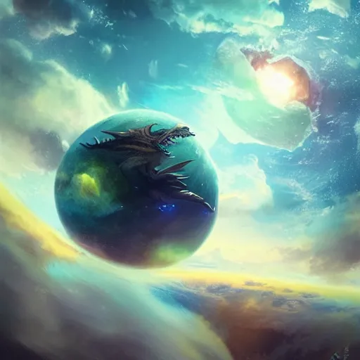 Prompt: Blue scaled dragon devouring an earth like planet while flying in space, sun system, nebula, digital art by Greg Rutkowski