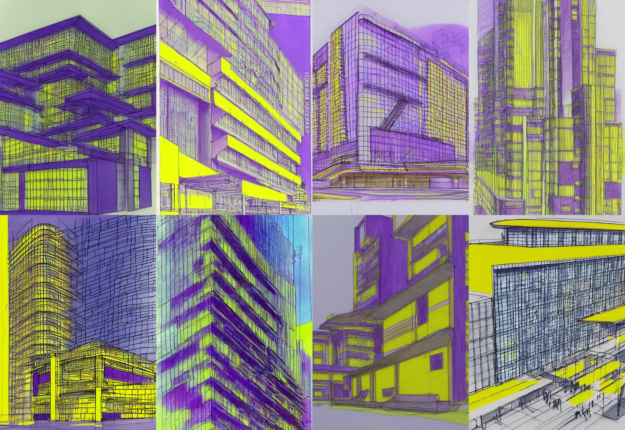 Prompt: architectural perspective sketch of facade of the cyberpunk japanese, norman foster, pastel color, extremely detailed, architecture drawing, drawing, line drawing, pastel color, yellow and purple color scheme