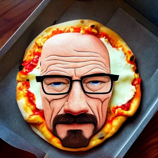 Prompt: a photo of a walter white face in a pizza, food photo, professional food photo, iphone, 4 k