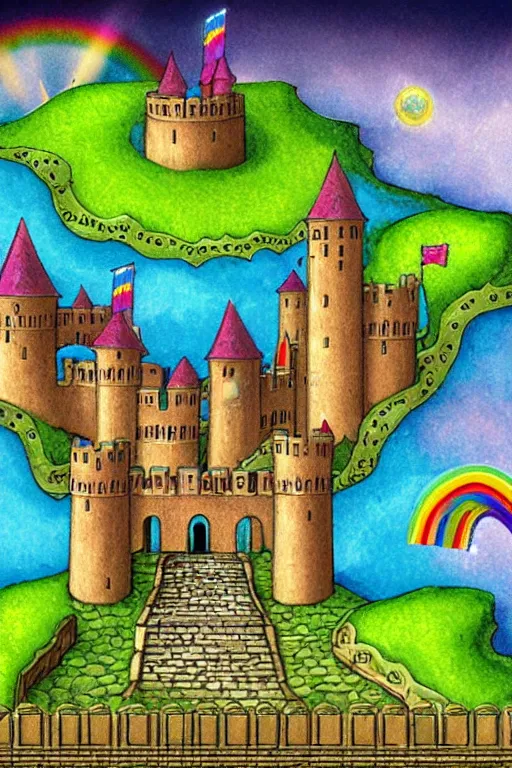 Image similar to dominion eurogame card showing a rainbow castle with a moat. fantasy deviantart