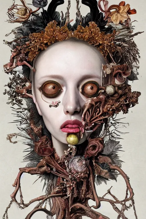 Prompt: Detailed maximalist portrait a with large lips and with large eyes, exasperated expression, botanical skeletal with extra flesh, high fashion, HD mixed media, 3D collage, highly detailed and intricate, surreal illustration in the style of Caravaggio and Jenny saville, dark art, baroque